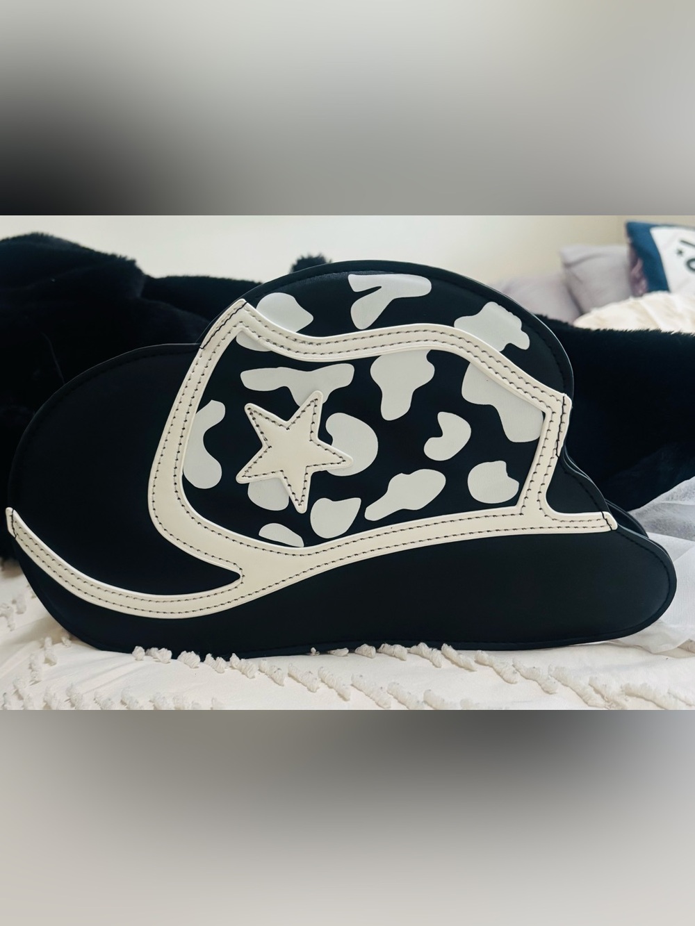 Black and White Cowprint Hat Crossbody Bag